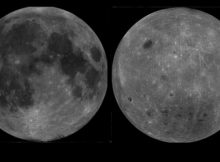 The lunar nearside (left) is a contrast between dark (craters) and light (mountains) surfaces that has been fancied as the Man in the Moon. Lunar terrain types are still designated by their 17th century name maria and terra (brighter features also known as uplands or highlands; right).