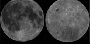 The lunar nearside (left) is a contrast between dark (craters) and light (mountains) surfaces that has been fancied as the Man in the Moon. Lunar terrain types are still designated by their 17th century name maria and terra (brighter features also known as uplands or highlands; right).