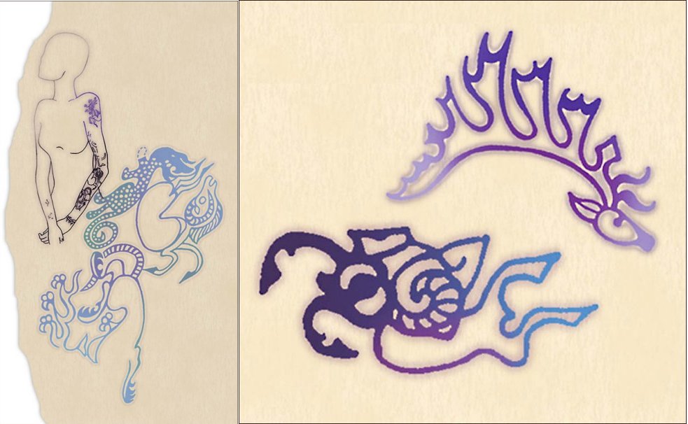 Left: Reconstruction of Princess Ukok's tattoos, made by Siberian scientists; Right: Princess Ukok's hand, as the scientists saw her first, with marked tattoos on her fingers and, below, the drawings of tattoos.