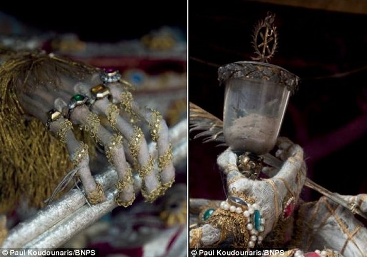Long dead: The hand of St Valentin in Bad Schussenreid, Germany (left) and St Munditia, in the church of St Peter in Munich (right). By the 19th century they had become morbid reminders of an embarrassing past and many were stripped of their honours and discarded