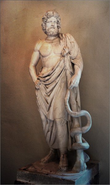 Asclepius with his serpent-entwined staff.