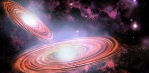Columbia researchers predict that a pair of converging supermassive black holes in the Virgo constellation will collide sooner than expected. Above, an artist’s conception of a merger. (P. Marenfeld/NOAO/AURA/NSF)