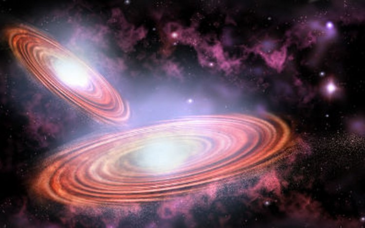 Columbia researchers predict that a pair of converging supermassive black holes in the Virgo constellation will collide sooner than expected. Above, an artist’s conception of a merger. (P. Marenfeld/NOAO/AURA/NSF)