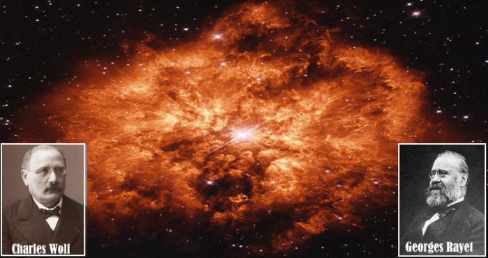 Wolf-Rayet massive stars (named after their discoverers) are evolved, massive stars, which are losing mass rapidly due to very strong stellar wind, with speedsup to 2000 km/s.