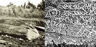 Left: 1893 Photograph of Dighton Rock; Right: Dighton Rock Symbols