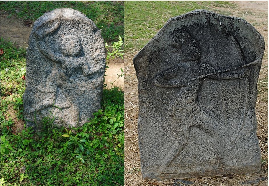 Left: Tatchampadi hero stone, Tamil Nadu; Right: Narasinga Puram hero stone, 12th century AD, Tamil Nadu. Credits: Wikipedia