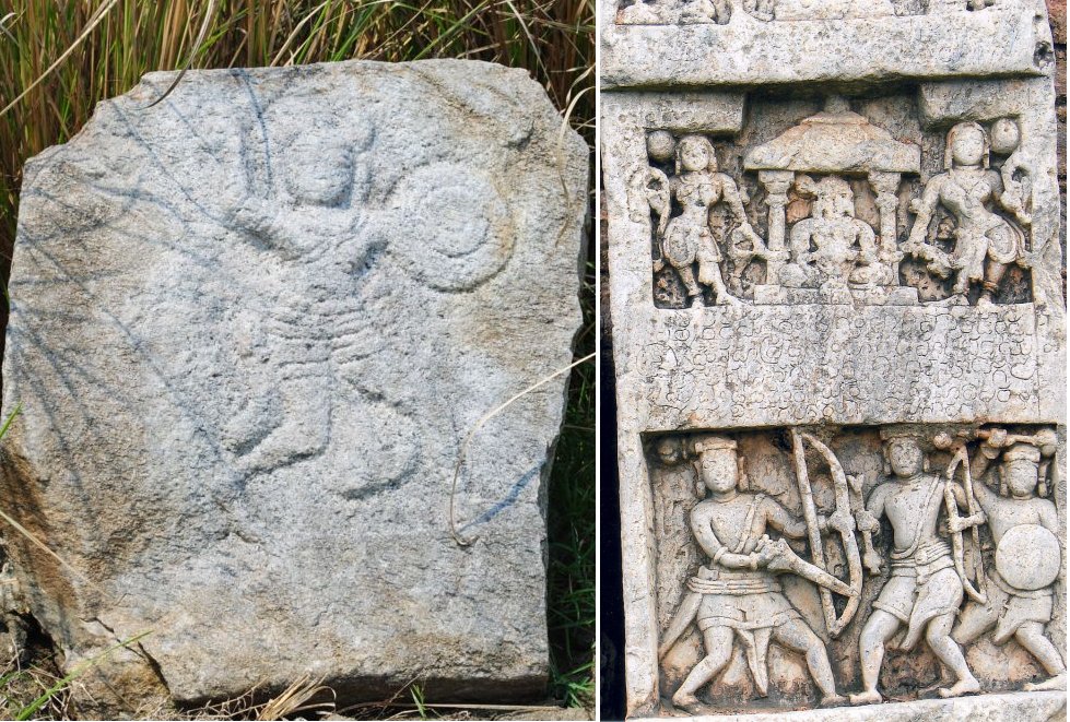 Left: Murugamangalam hero stone, Tamil Nadu; Right: Hero stone with old Kannada inscription, 1220 AD, Arasikere, Karnataka. Credits: wikipedia