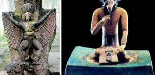 LEFT: Sukuh temple bird-human statue - RIGHT: Mayan Bird Man.