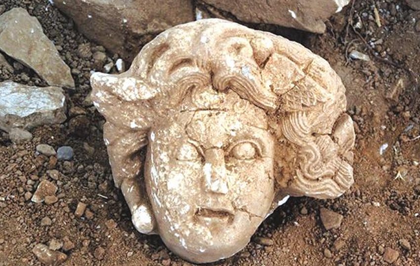 The head of Medusa, a Greek mythological creature who turned all that gazed upon her into stone.
