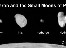 Pluto’s moons: Charon, the largest of Pluto’s moons, with a diameter of 751 miles (1,212 km). Nix and Hydra have comparable sizes, approximately 25 miles (40 km) across in their longest dimension above. Kerberos and Styx are much smaller and have comparable sizes, roughly 6-7 miles (10-12 km) across in their longest dimension. All four small moons have highly elongated shapes, a characteristic thought to be typical of small bodies in the Kuiper Belt. Credits: NASA/JHUAPL/SwRI