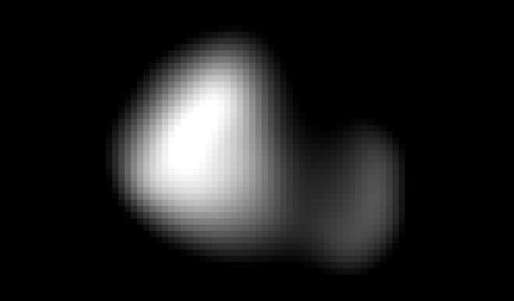 This image of Kerberos was created by combining four individual Long Range Reconnaissance Imager (LORRI) pictures taken on July 14, approximately seven hours before New Horizons’ closest approach to Pluto, at a range of 245,600 miles (396,100 km) from Kerberos. The image was deconvolved to recover the highest possible spatial resolution and oversampled by a factor of eight to reduce pixilation effects. Kerberos appears to have a double-lobed shape, approximately 7.4 miles (12 kilometers) across in its long dimension and 2.8 miles (4.5 kilometers) in its shortest dimension. Credits: NASA/JHUAPL/SwRI