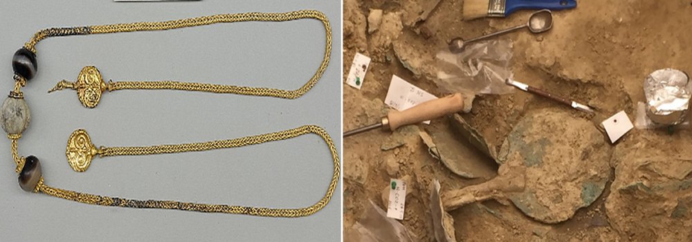 Left:This unique necklace measures more than 30-inches long and features two gold pendants decorated with ivy leaves. It was found near the neck of the warrior's skeleton; Right: A bronze mirror with an ivory handle.