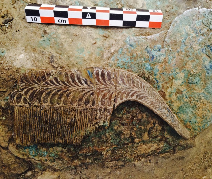 One of six ivory combs found within the warrior's tomb.