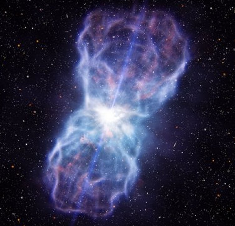 This artist's impression shows the material ejected from the region around the supermassive black hole in the quasar SDSS J1106+1939. This object has the most energetic outflows ever seen, at least five times more powerful than any that have been observed to date. Quasars are extremely bright galactic centres powered by supermassive black holes. Many blast huge amounts of material out into their host galaxies, and these outflows play a key role in the evolution of galaxies. But, before this object was studied, the observed outflows weren't as powerful as predicted by theorists. The very bright quasar appears at the centre of the picture and the outflow spreads about 1000 light-years out into the surrounding galaxy. Credit: ESO/L. Calçada