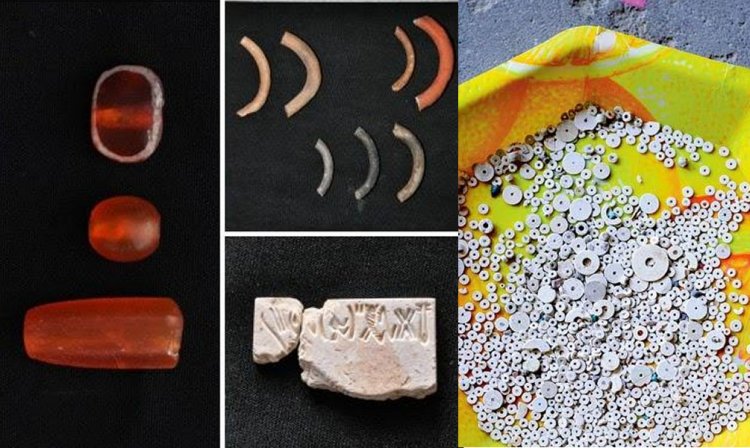 The excavation in mound four has yielded a cornucopia of artefacts, including a seal and a potsherd, both inscribed with the Harappan script; potsherds painted with concentric circles, fish-net designs, wavy patterns, floral designs and geometric designs