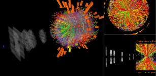 One of the very first collisions recorded between two lead ions at the LHC’s top energy. The energy in the center-of-mass system is approximately1000 TeV. Todays events bring collisions physics into a new energy scale, that of PeV (Peta-electron-volts). The ALICE detector registered tens of thousands of particles. In this live display the tracks of the particles from the collision point and through the detector are shown in colours corresponding to their mass and type.