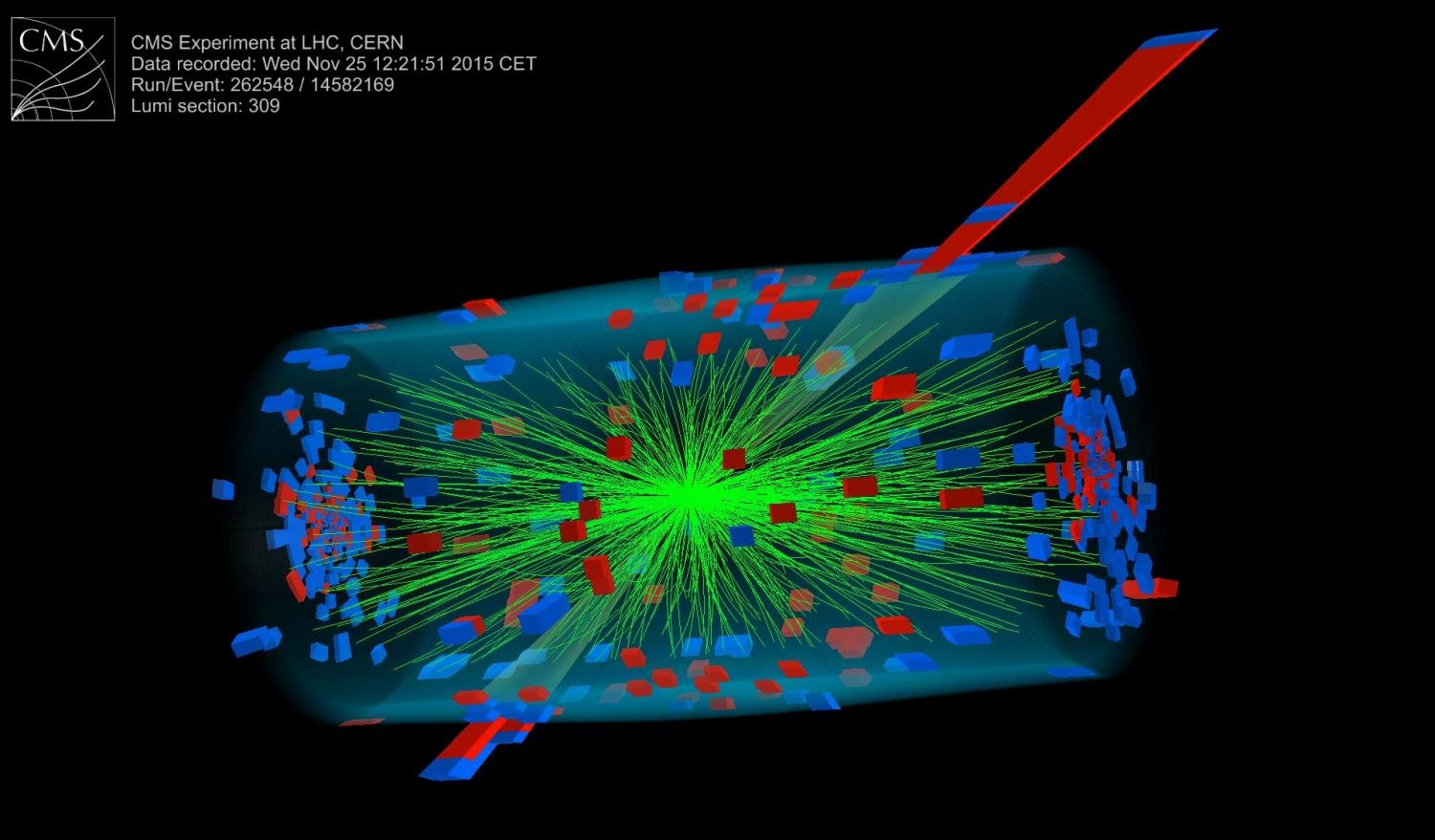 Data generated Nov. 25 by the Compact Muon Solenoid during the new round of heavy ion collisions at the Large Hadron Collider. A Rice University team is onsite for the duration of the month-long run. Credit: CERN