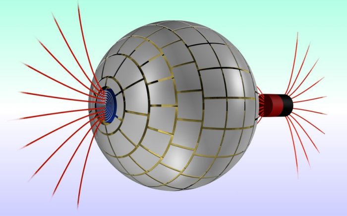 Uhlmann’s theory in practice. Magnetic field lines (red) entering and exiting the spherical device developed by researchers at Autonomous University of Barcelona. The magnetic field is cloaked as it passed through the sphere.Jordi Prat-Camps/Carles Navau/Alvaro Sanchez/Autonomous University of Barcelona