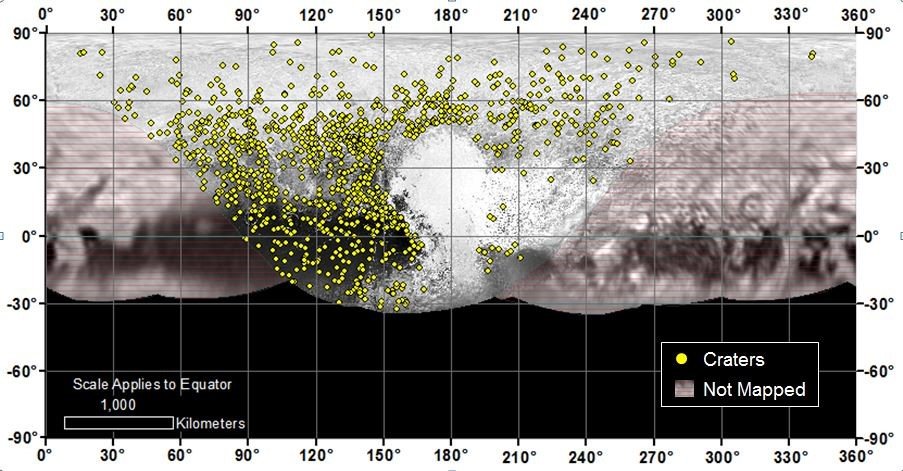 Locations of more than 1,000 craters mapped on Pluto by NASA’s New Horizons mission indicate a wide range of surface ages, which likely means Pluto has been geologically active throughout its history. Credits: NASA/JHUAPL/SwRI