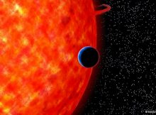 Image credit: NAOJ, artists impression of GJ 3470b and its host star.