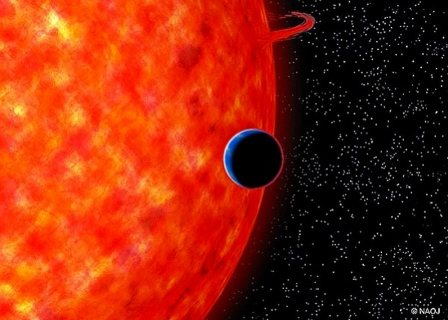 Image credit: NAOJ, artists impression of GJ 3470b and its host star.