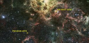 NASA's Fermi Gamma-ray Space Telescope has detected the first extragalactic gamma-ray pulsar, PSR J0540-6919, near the Tarantula Nebula (top center) star-forming region in the Large Magellanic Cloud, a satellite galaxy that orbits our own Milky Way. Fermi detects a second pulsar (right) as well but not its pulses. PSR J0540-6919 now holds the record as the highest-luminosity gamma-ray pulsar. The angular distance between the pulsars corresponds to about half the apparent size of a full moon. Background: An image of the Tarantula Nebula and its surroundings in visible light. Credits: NASA's Goddard Space Flight Center; background: ESO/R. Fosbury (ST-ECF)