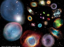 A collage showing 22 individual planetary nebulae artistically arranged in approximate order of physical size. The scale bar represents 4 light years. Each nebula's size is calculated from the authors' new distance scale, which is applicable to all nebulae across all shapes, sizes and brightnesses. The very largest planetary nebula currently known is nearly 20 light years in diameter, and would cover the entire image at this scale. Credit: ESA/Hubble & NASA, ESO, Ivan Bojicic, David Frew, Quentin Parker