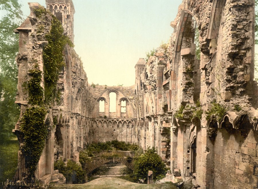Glastonbury Abbey - Photochrom image taken around 1900, showing the unrestored interior of the Lady Chapel. Credits: Wikipedia