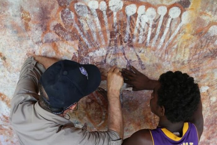 Indigenous rangers accompanied scientists to ensure nothing was damaged during the testing phase. Supplied: Sven Ouzman