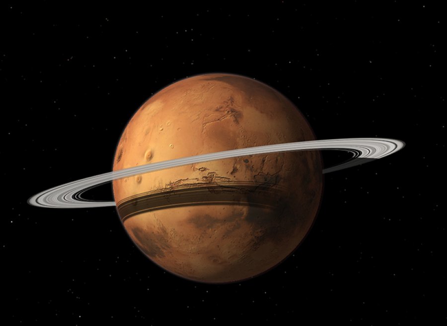 An artist's impression of a ring around Mars, formed by its tiny moon Phobos. Credit: Made using Celestia, Copyright (C) 2001-2010, Celestia Development Team