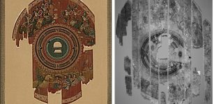 Left: Herbert J. Gute, “Wooden Shield with Scenes from the Trojan War,” 1935 or 1936. Watercolor on paper. Commissioned by Yale University. (Yale University Art Gallery); Right: An infrared reflectogram of the shield allows visualization of the carbon-based pigment or ink used for drawing. (Yale University Art Gallery)