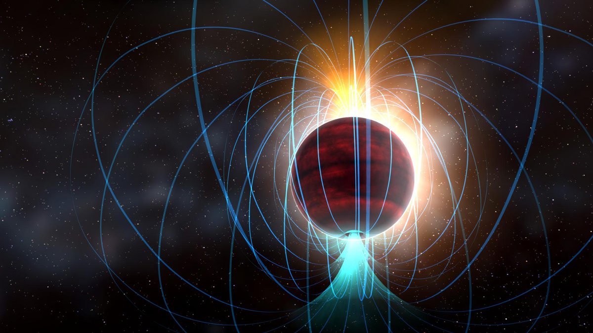 Artist impression of red dwarf star TVLM 513-46546. ALMA observations suggest that it has an amazingly powerful magnetic field, potentially associated with a flurry of solar-flare-like eruptions. Credit: NRAO/AUI/NSF; Dana Berry / SkyWorks