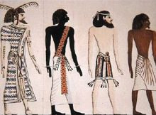 Four peoples of the world: a Libyan, a Nubian, an Asiatic, and an Egyptian. An artistic rendering by Heinrich von Minutoli (1820), based on a mural from the tomb of Seti I