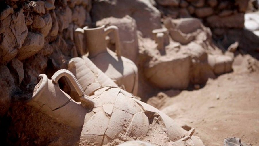 Some of the Greek amphorae found at Khirbet el-Eika in the eastern Galilee in 2015. Courtesy: Uzi Leibner, The Hebrew University; Photo: Roi Sabar