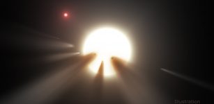 This illustration shows a star behind a shattered comet. Observations of the star KIC 8462852 by NASA's Kepler and Spitzer space telescopes suggest that its unusual light signals are likely from dusty comet fragments, which blocked the light of the star as they passed in front of it in 2011 and 2013. The comets are thought to be traveling around the star in a very long, eccentric orbit. Credits: NASA/JPL Caltech