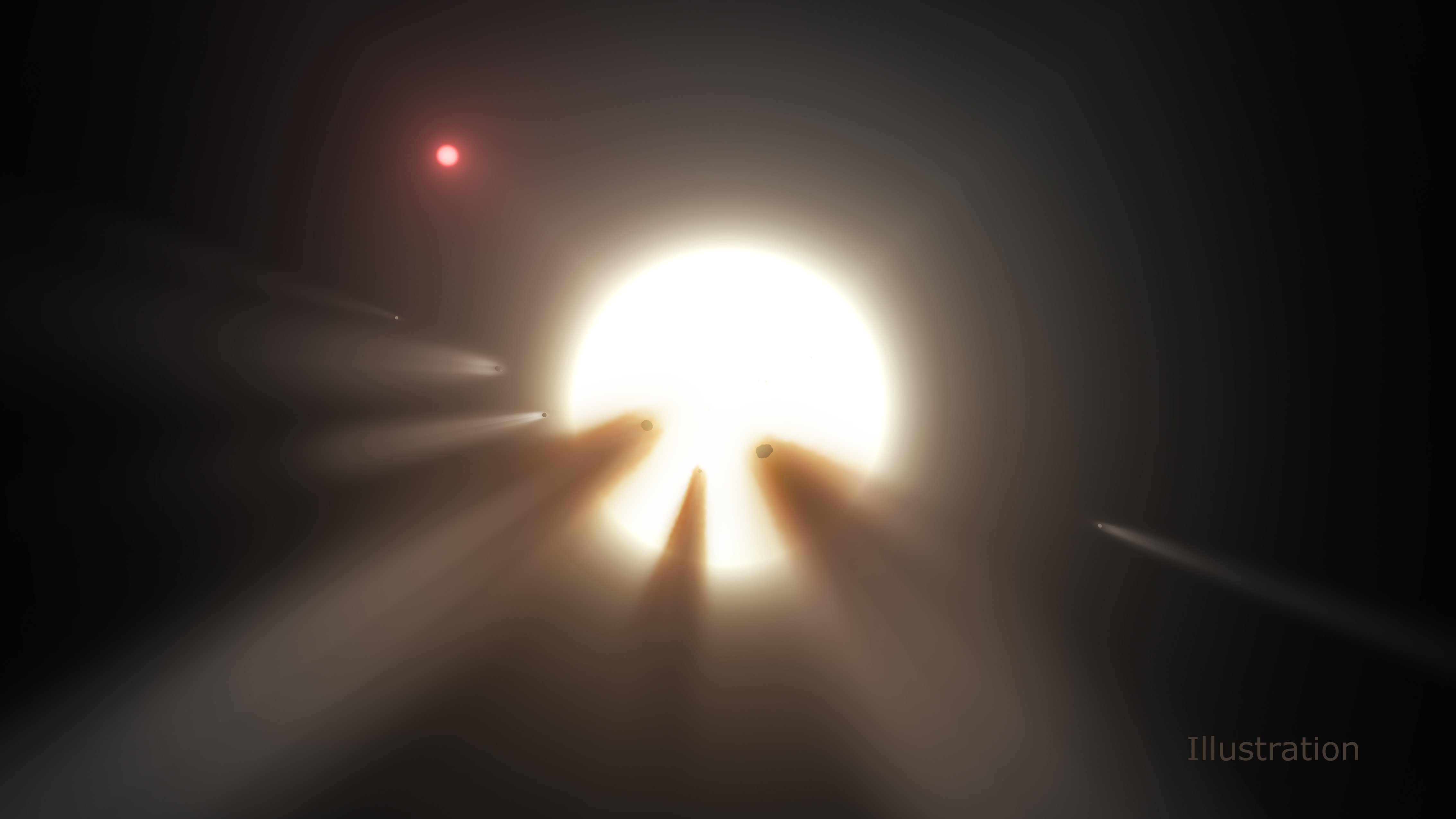 This illustration shows a star behind a shattered comet. Observations of the star KIC 8462852 by NASA's Kepler and Spitzer space telescopes suggest that its unusual light signals are likely from dusty comet fragments, which blocked the light of the star as they passed in front of it in 2011 and 2013. The comets are thought to be traveling around the star in a very long, eccentric orbit. Credits: NASA/JPL Caltech