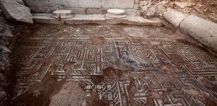 Part of the excavated mosaic floor of a late antique building. Photo credits: Foto: Peter Jülich