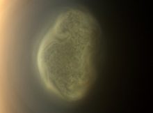 This 2012 close-up offers an early snapshot of the changes taking place at Titan’s south pole. Cassini’s camera spotted this impressive cloud hovering at an altitude of about 186 miles (300 kilometers). Cassini’s thermal infrared instrument has now detected a massive ice cloud below it. Credits: NASA/JPL-Caltech/Space Science Institute