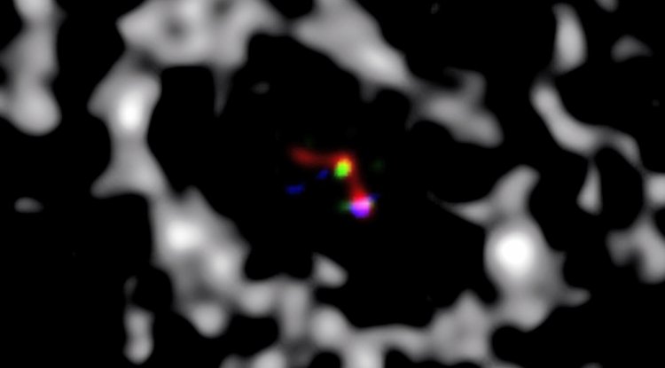 A composite image of LkCa15 shows the MagAO data, in blue, and the LBT data, in green and red. Credits: University of Arizona