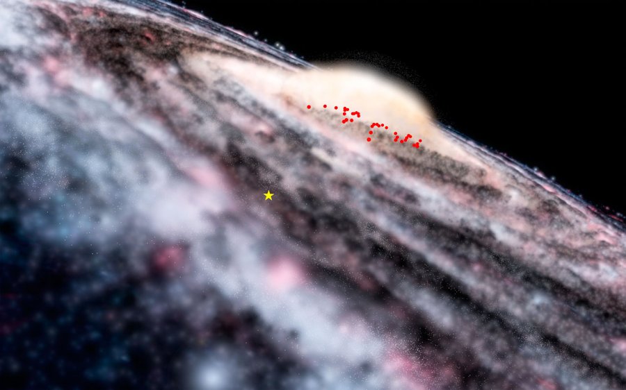 This diagram shows the locations of the newly discovered Cepheids in an artist’s rendering of the Milky Way. The yellow star indicates the position of the Sun.