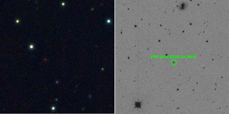 Multicolor image from the Pan-STARRS1 telescope of the free-floating planet PSO J318.5-22, in the constellation of Capricornus. The planet is extremely cold and faint, about 100 billion times fainter in optical light than the planet Venus. Most of its energy is emitted at infrared wavelengths. The image is 125 arcseconds on a side. Credit: N. Metcalfe & Pan-STARRS 1 Science Consortium.