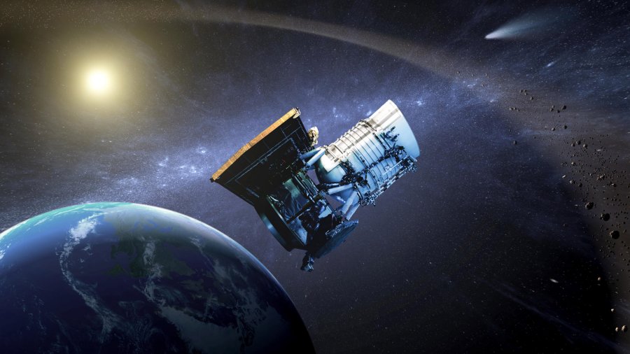 This artist's concept shows the Wide-field Infrared Survey Explorer, or WISE spacecraft