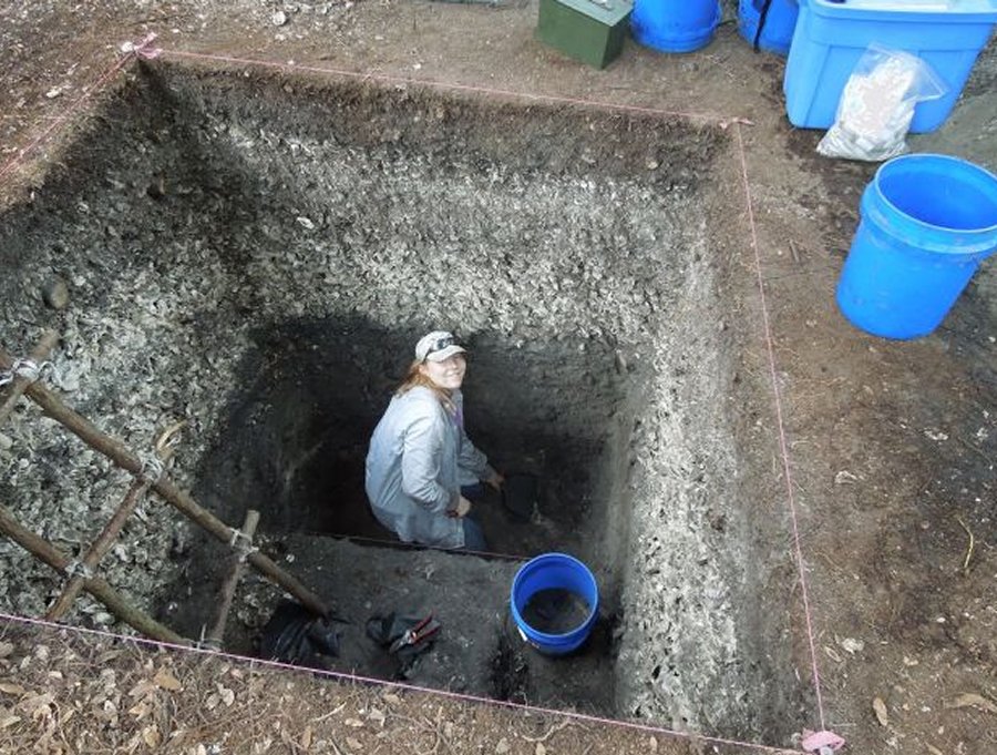 University of Florida undergraduate archaeology student Olivia Isaacs works on the shell mound excavation near Cedar Key. Courtesy of Ken Sassaman