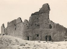 This photo from the 1930s shows the back wall of Pueblo Bonito, the largest structure found in Chaco Canyon, New Mexico. Archaeologists estimate the intact structure was five stories high and had about 500 rooms. UA tree-ring studies of the building's wooden beams revealed the structure was built in phases from 850 to 1120. (Photo: George A. Grant/ National Park Service)