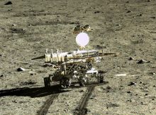 The Chinese lunar rover, Yutu, photographed by its lander Chang’e-3, after the lander touched down in Mare Imbrium, a giant impact basin that had been filled by successive lava flows. Credit: CNAS/CLEP