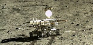 The Chinese lunar rover, Yutu, photographed by its lander Chang’e-3, after the lander touched down in Mare Imbrium, a giant impact basin that had been filled by successive lava flows. Credit: CNAS/CLEP