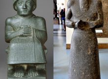 Left: Statue of Gudea. This sculpture belongs to a series of diorite statues commissioned by Gudea, who devoted his energies to rebuilding the great temples of Lagash and installing statues of himself in them. Many inscribed with his name and divine dedications survive. Louvre Right: Diorite statue of an Akkadian ruler of Ashur, northern Mesopotamia, Iraq. Circa 2300 BCE. The Pergamon Museum, Berlin