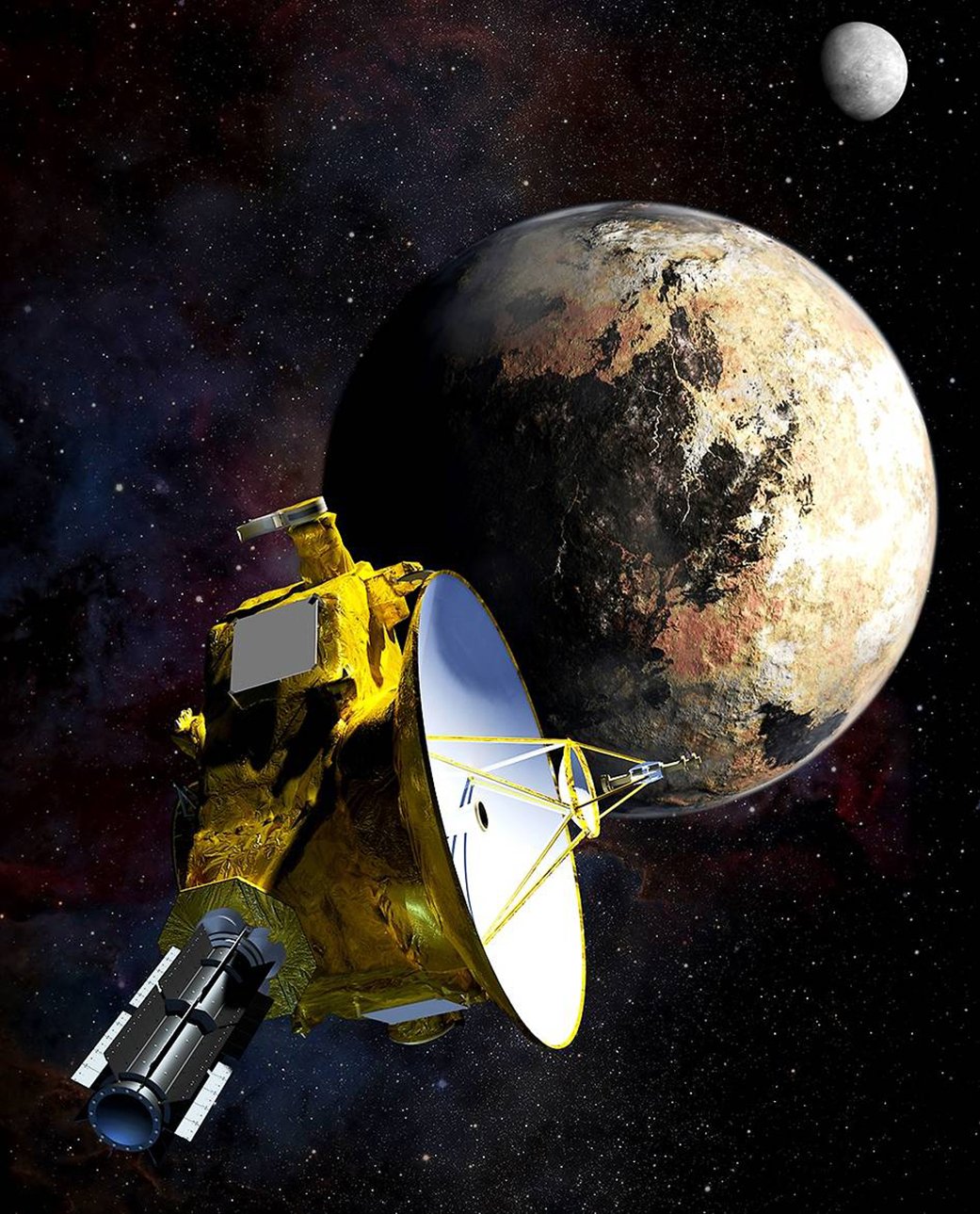 This artist's concept depicts the New Horizons spacecraft during its July 2015 encounter with Pluto and one of the dwarf planet's moons, Charon. Credits: Johns Hopkins University Applied Physics Laboratory/Southwest Research Institute