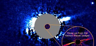 Two direct images of the cometary dust and exoplanet surrounding the young star HD 106906. The wider field in blue shows Hubble Space Telescope data where the star’s blinding light is artificially eclipsed (gray circular mask). The point to the upper right is an 11 Jupiter mass planet located over 650 times the Earth-Sun distance. A new discovery in these Hubble observations is an extremely asymmetric nebulosity indicating a dynamically disturbed system of comets. Surprisingly, the planet is located 21 degrees above the plane of the nebulosity. The circular orange inset shows a region much closer to the star that can only be detected using advanced adaptive optics from the ground-based Gemini Observatory. Using the Gemini Planet Imager (GPI), researchers found a narrow loop of nebulosity suggesting that a planetary system formed close to the star, but somehow the architecture of the outer regions is severely disrupted. The investigators also find that the planet HD 106906b may have a dusty ring system of its own, motivating future work with Hubble and ground-based astronomical observatories. Credit: Paul Kalas, UC Berkeley