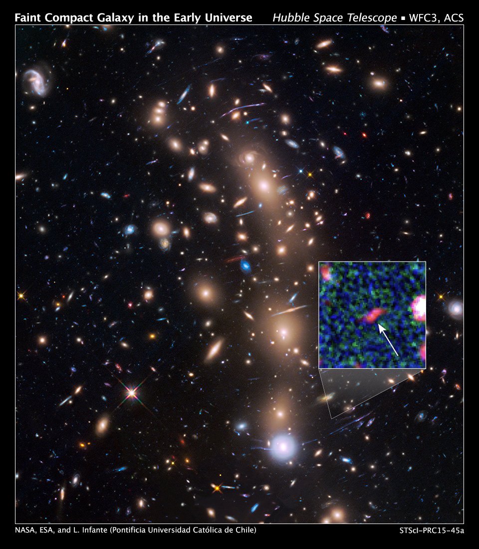 This is a Hubble Space Telescope view of a very massive cluster of galaxies, MACS J0416.1-2403, located roughly 4 billion light-years away and weighing as much as a million billion suns. The inset is an image of an extremely faint and distant galaxy that existed only 400 million years after the big bang. Hubble captured it because the gravitational lens makes the galaxy appear 20 times brighter than normal. Credit: Credits: NASA, ESA, and L. Infante (Pontificia Universidad Catolica de Chile)